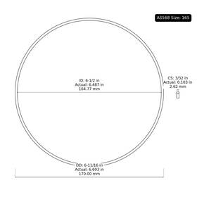 Rubber Dynamics V750100-165 165 Viton O-ring 75a Hardness Black 6-1/2 Inch Id 3/32 Width
